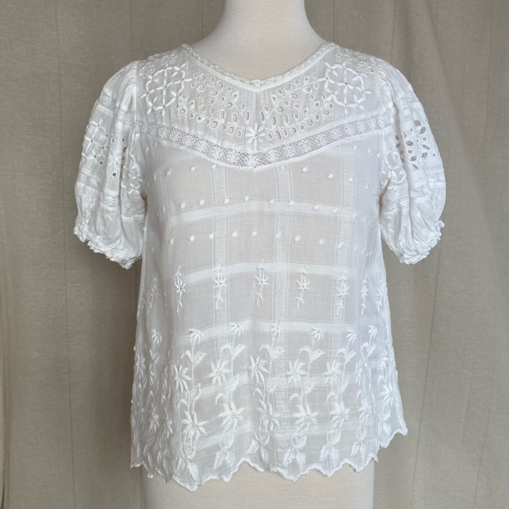 Love Shack Fancy white Embroidered white Puff Sleeve Button Back Top
